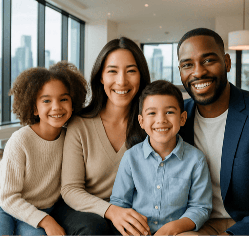 Diverse professional family smiling in a modern luxury home large windows with city skyline view candid lifestyle photography bright natural light upscale but approachable look-2-1-1-1
