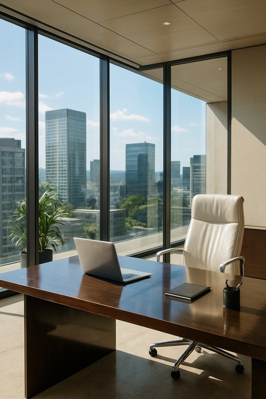 Luxury modern office with floortoceiling windows polished desk with open laptop crisp bright afternoon lighting aspirational editorial look-1