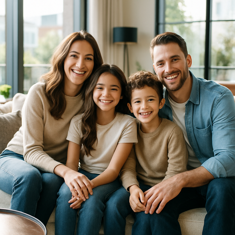 Smiling modern family relaxing together in a stylish upscale living room large windows with bright crisp natural afternoon light sophisticated candid lifestyle photography bright light magazine style-1