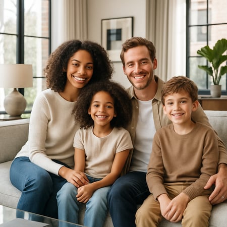 Smiling modern family relaxing together in a stylish upscale living room large windows with bright natural light sophisticated candid lifestyle photography editorial magazine style-1-1