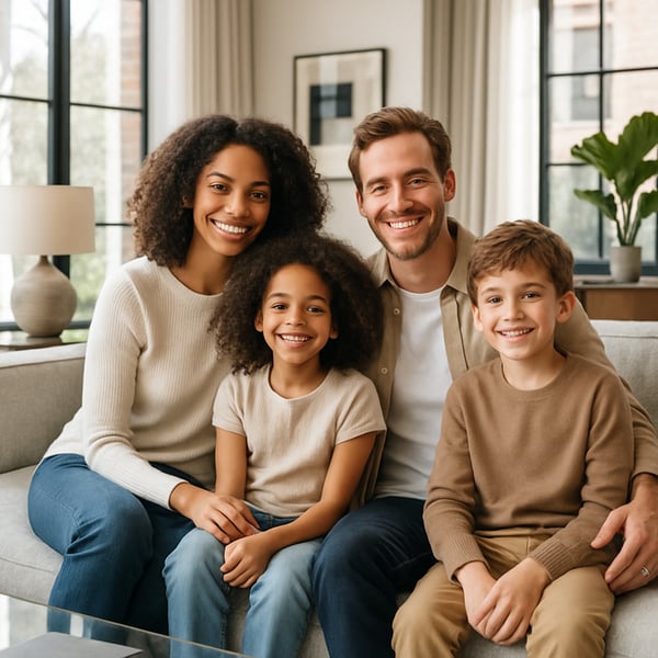 Smiling family of four sitting together on a sofa in a bright living room with large windows and natural light.