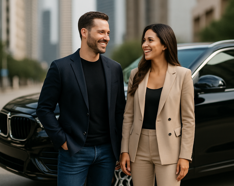 Confident man and woman in their 30s standing next to a sleek black luxury SUV in a clean downtown Houston TX street  lifestyle magazine photography They are looking at each other and smiling and fill more of the frame The building are very blurred a-1-1