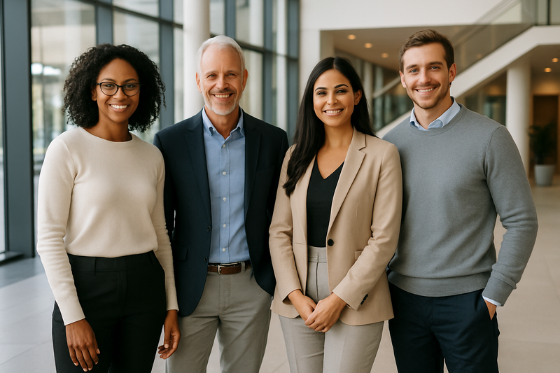 Diverse team of business professionals standing together in a modern office lobby clean architecture stylish business casual clothing approachable yet premium feel bright afternoon clean lighting-1-1