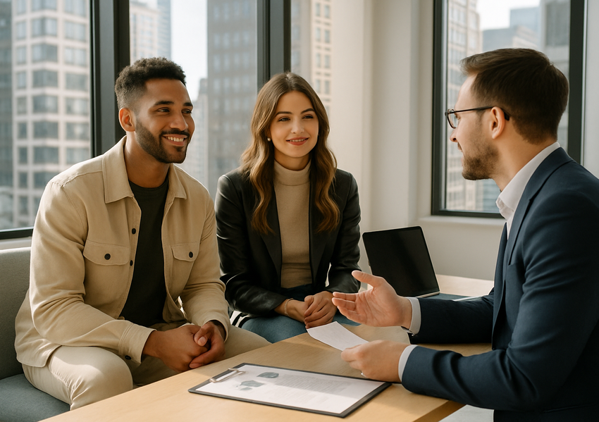 Stylish young couple meeting with a financial advisor in a crisp modern city office relaxed but professional atmosphere editorial lifestyle photography Bright crisp afternoon lighting-1-1