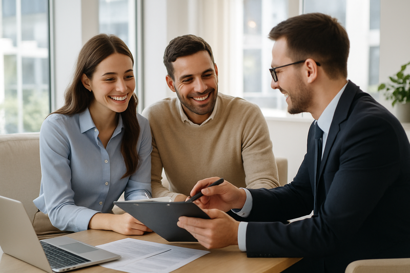 Young professional couple discussing paperwork with advisor in a bright upscale office relaxed and professional atmosphere crisp bright afternoon lighting-1-1
